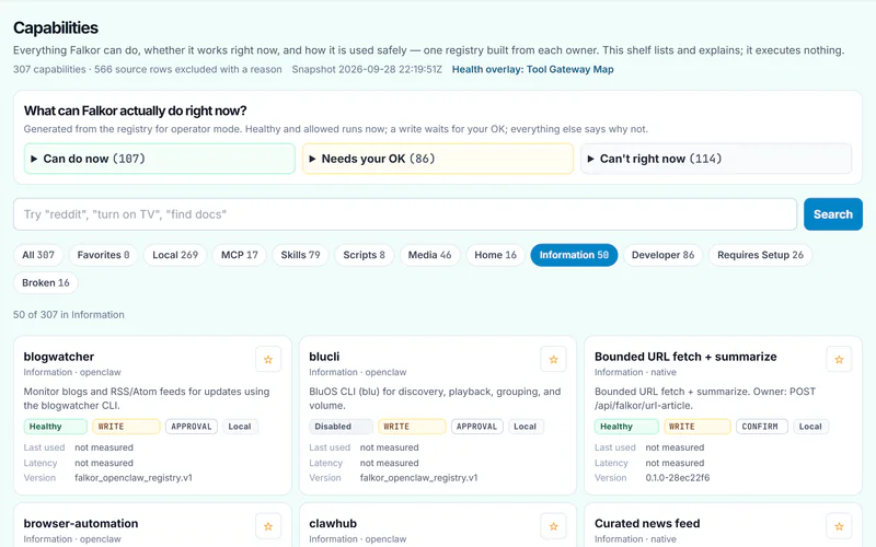 Falkor's Capabilities page: 307 capabilities split into Can do now (107), Needs your OK (86) and Can't right now (114), with filter chips and capability cards showing health, write policy and locality.