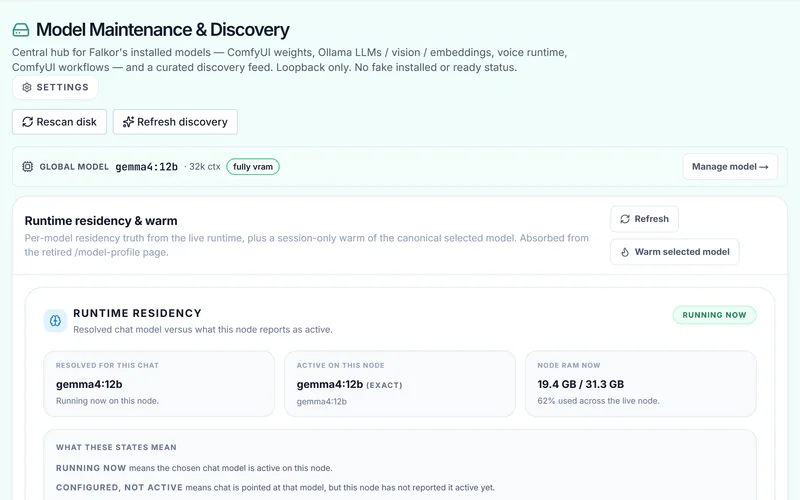 Falkor's Model Maintenance page: the global model fully in VRAM, and a runtime residency panel comparing the model resolved for chat with the model actually active on the machine.